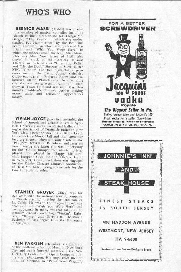 'Wish You Were Here' 1956 playbill, page12 